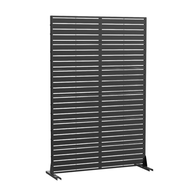 Freestanding black steel outdoor privacy screen, 12-panel horizontal slat design