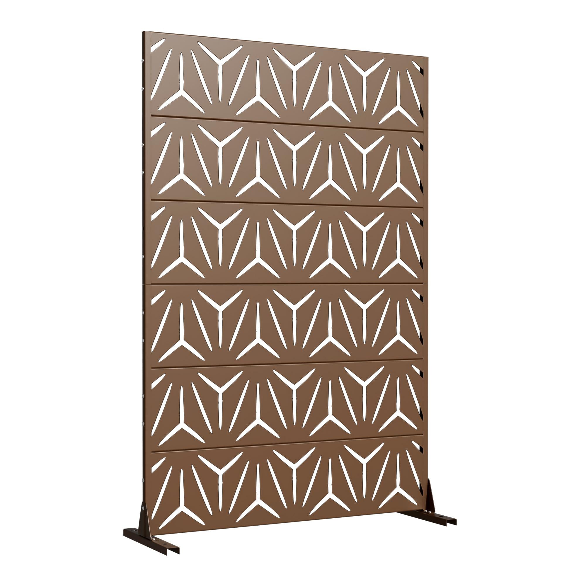 Brown steel outdoor privacy screen with geometric cutout pattern, freestanding frame