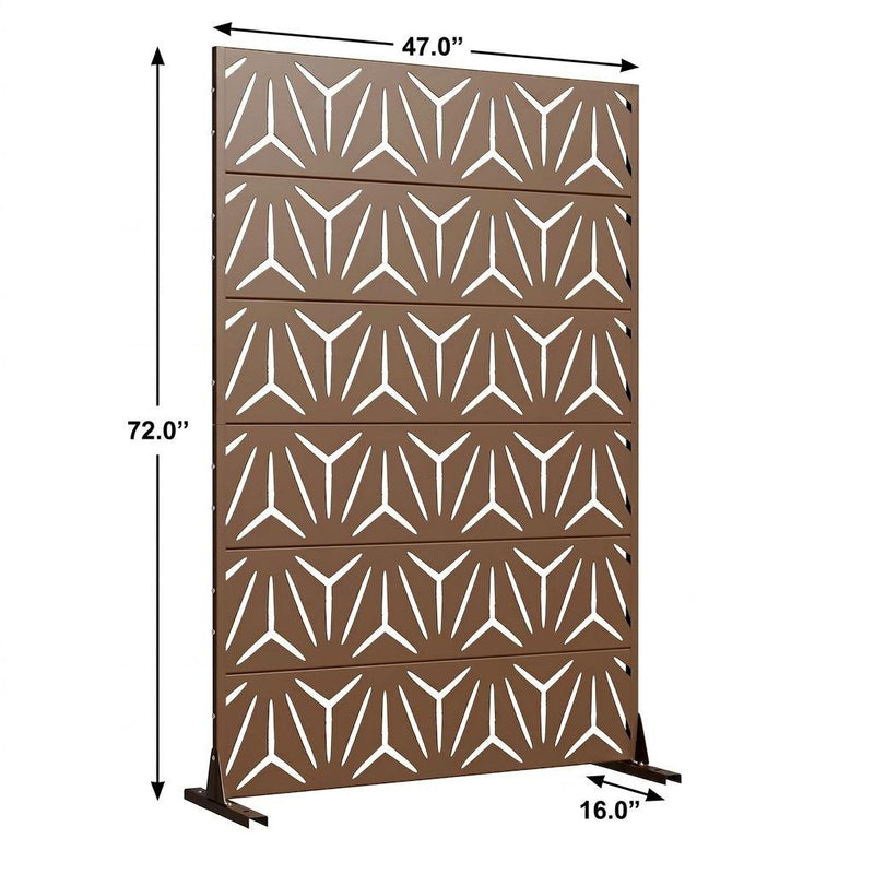 Brown steel privacy screen: 72"H x 47"W x 16"D, geometric cutout pattern