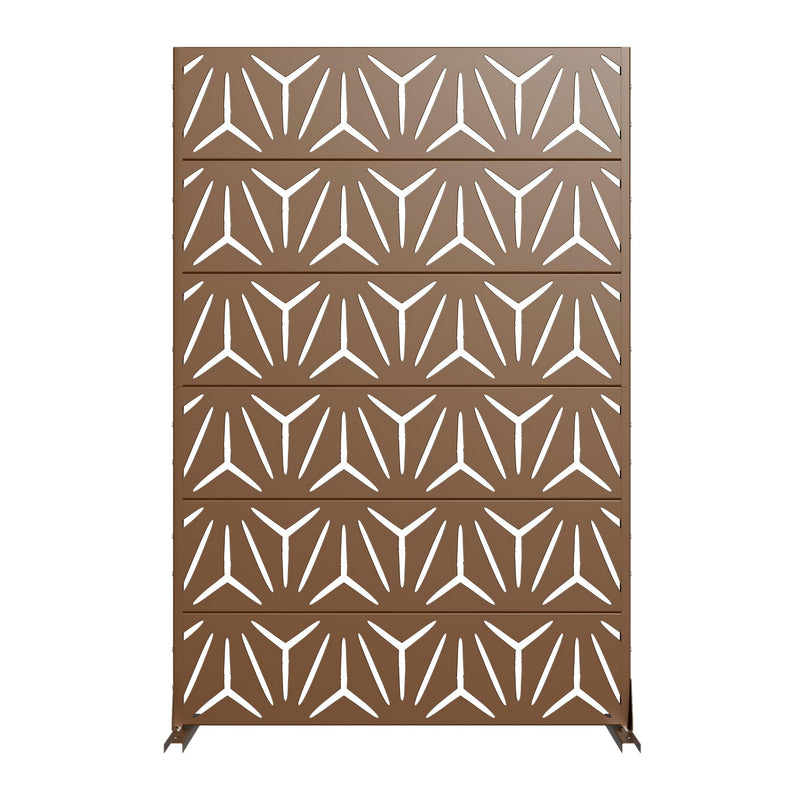 Brown steel outdoor privacy screen with repeating geometric cutout pattern, straight frame