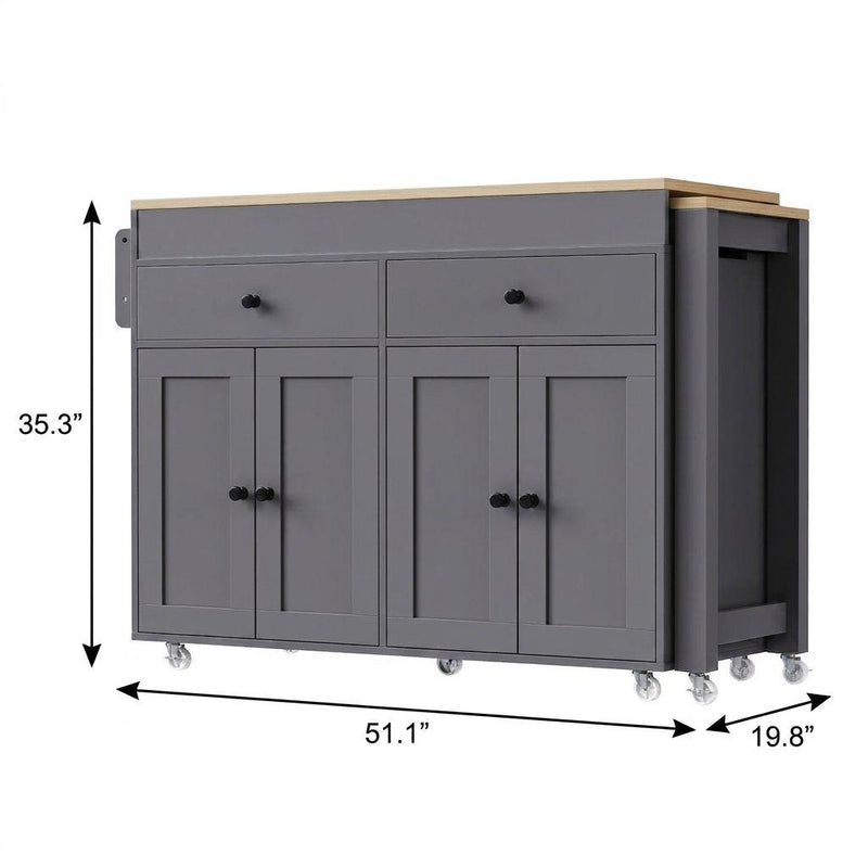 Grey rolling kitchen cart with light wood top; 51.1in wide, 35.3in tall
