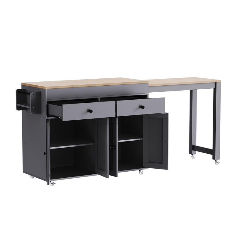Grey rolling kitchen cart with open cabinet doors, two drawers, and light wood top