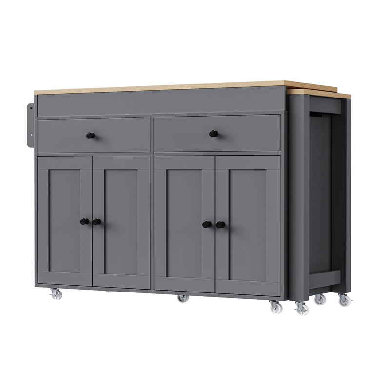 Grey rolling kitchen cart with paneled doors, two drawers, and light wood top
