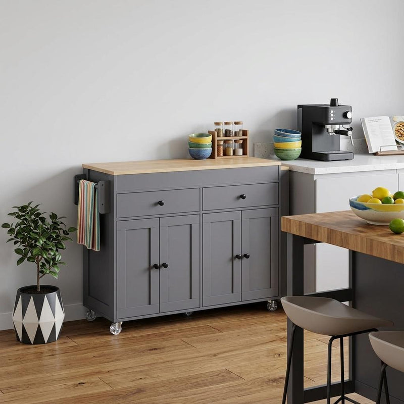 Grey rolling kitchen cart with light wood top, drawers, and paneled cabinet doors