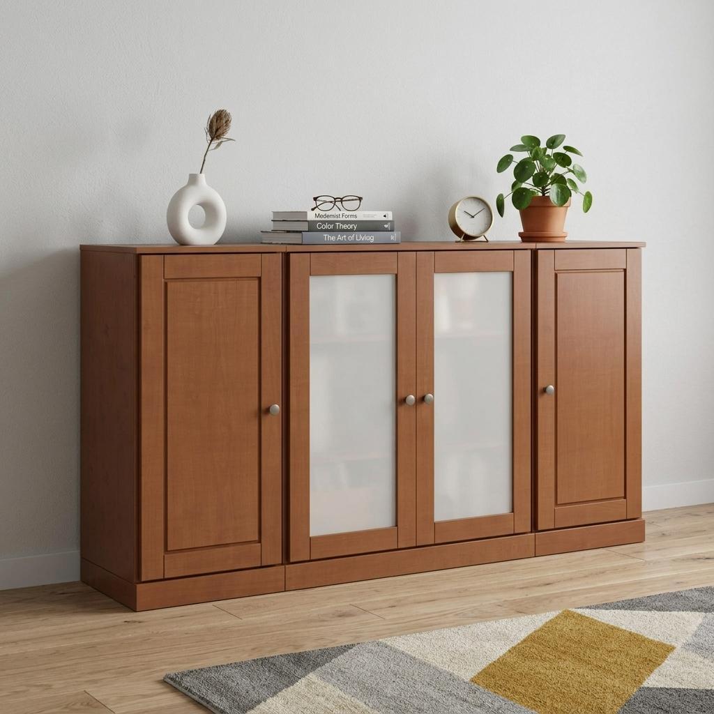 Brown wood sideboard with two glass-front doors and solid end cabinet doors
