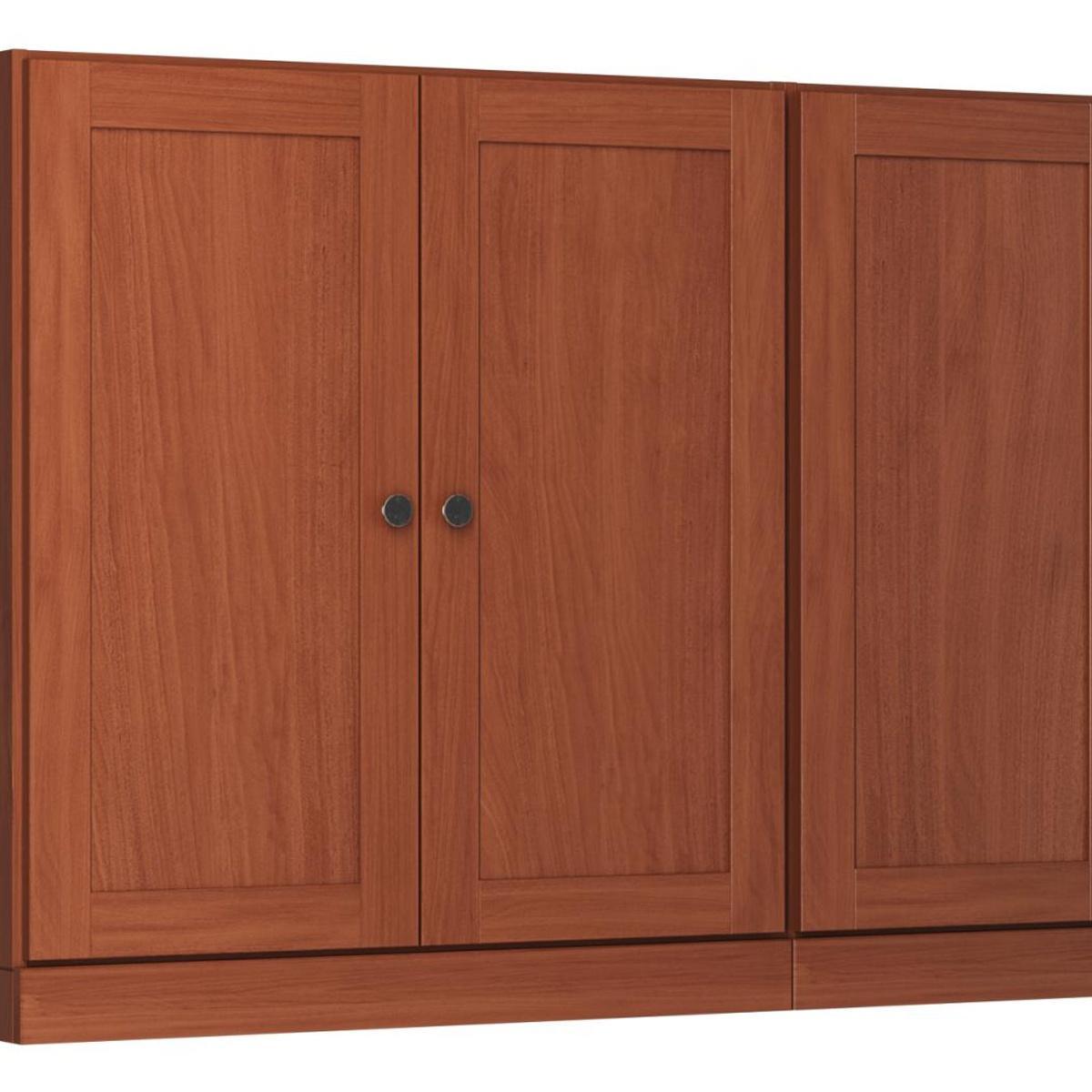 Coffee brown solid wood sideboard front with cabinet doors and blue round knobs