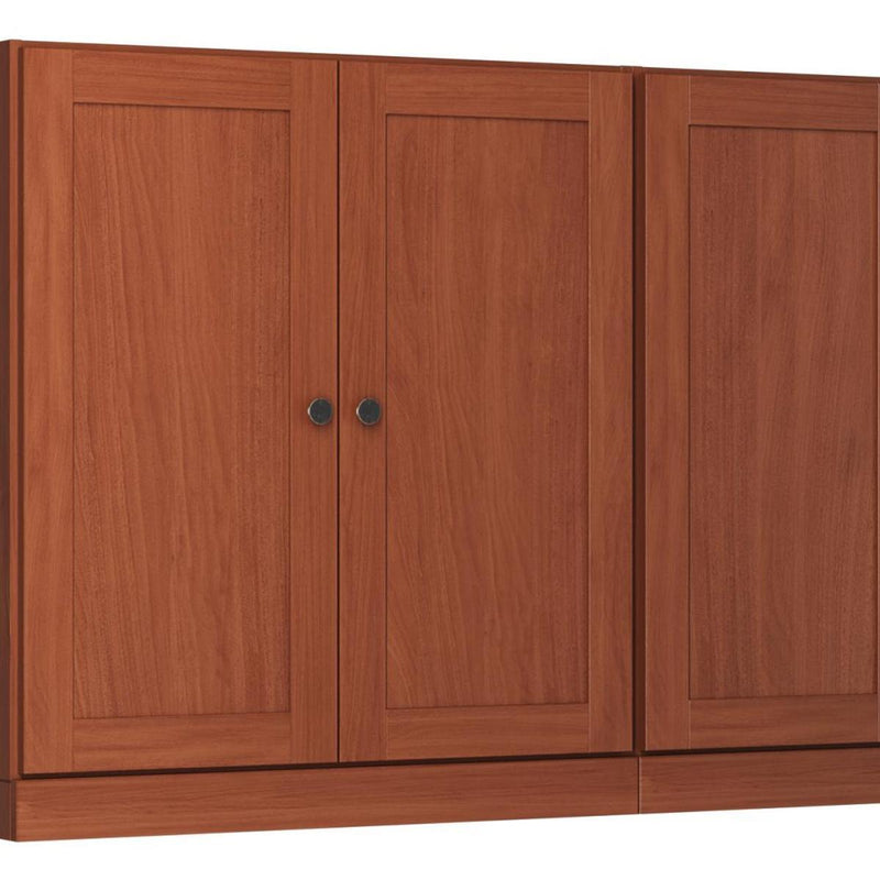 Coffee brown solid wood sideboard front with cabinet doors and blue round knobs