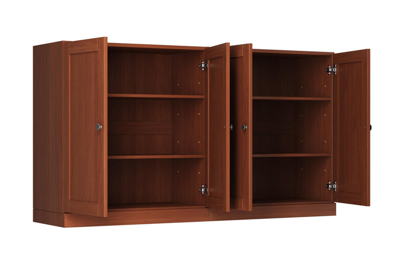 Coffee brown solid wood sideboard with four open doors revealing interior shelves