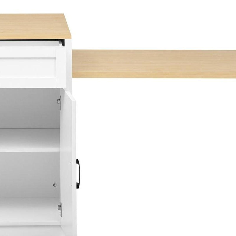White kitchen cart with brown wood top and flat-panel cabinet door with handle hardware