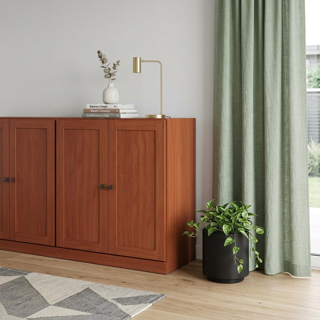 Coffee brown solid wood sideboard with four doors and blue knob pulls
