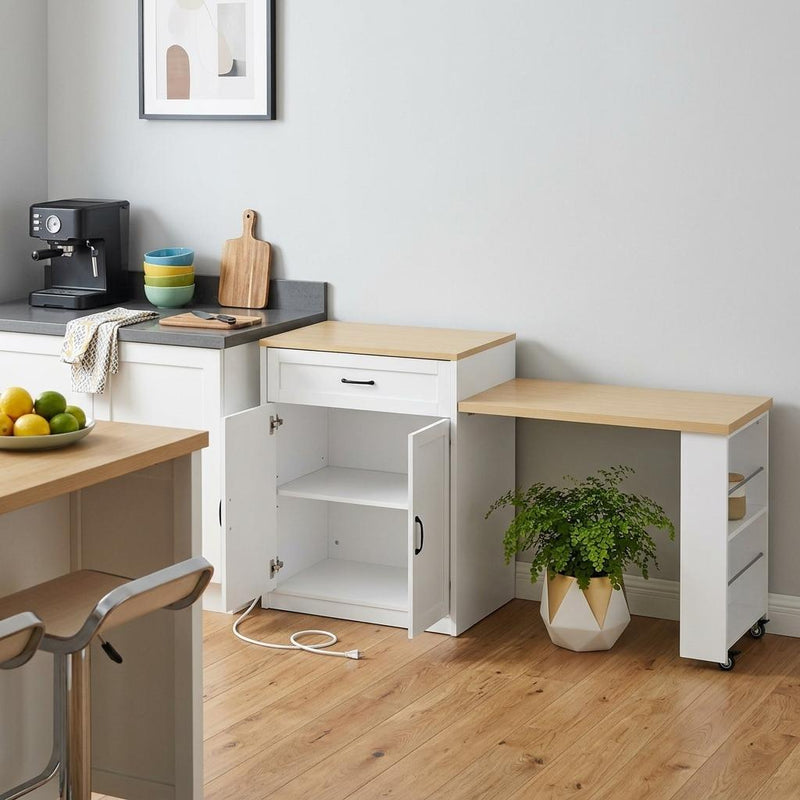 White kitchen cart with brown wood surfaces, open cabinet doors and drawer with visible interior