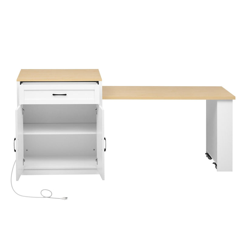 White kitchen cart with brown wood surfaces, drawer cabinet and open storage compartments