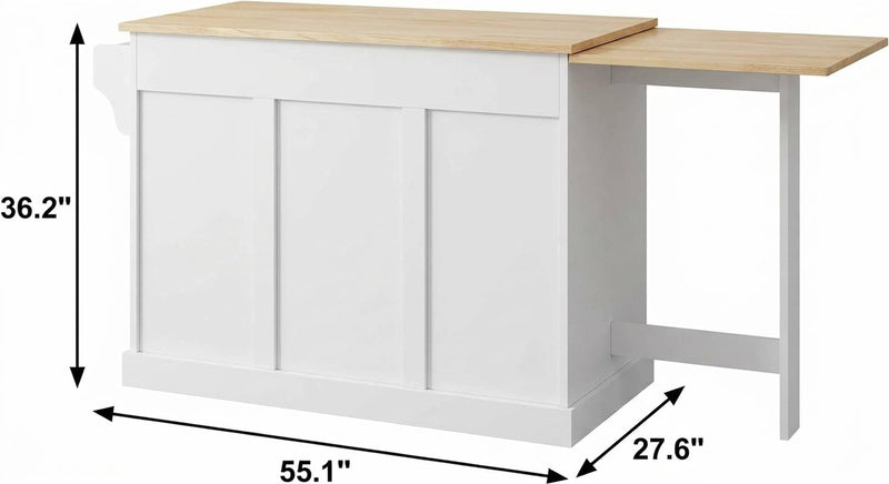 White kitchen cart with brown wood worktop, cabinet doors, and open storage shelf