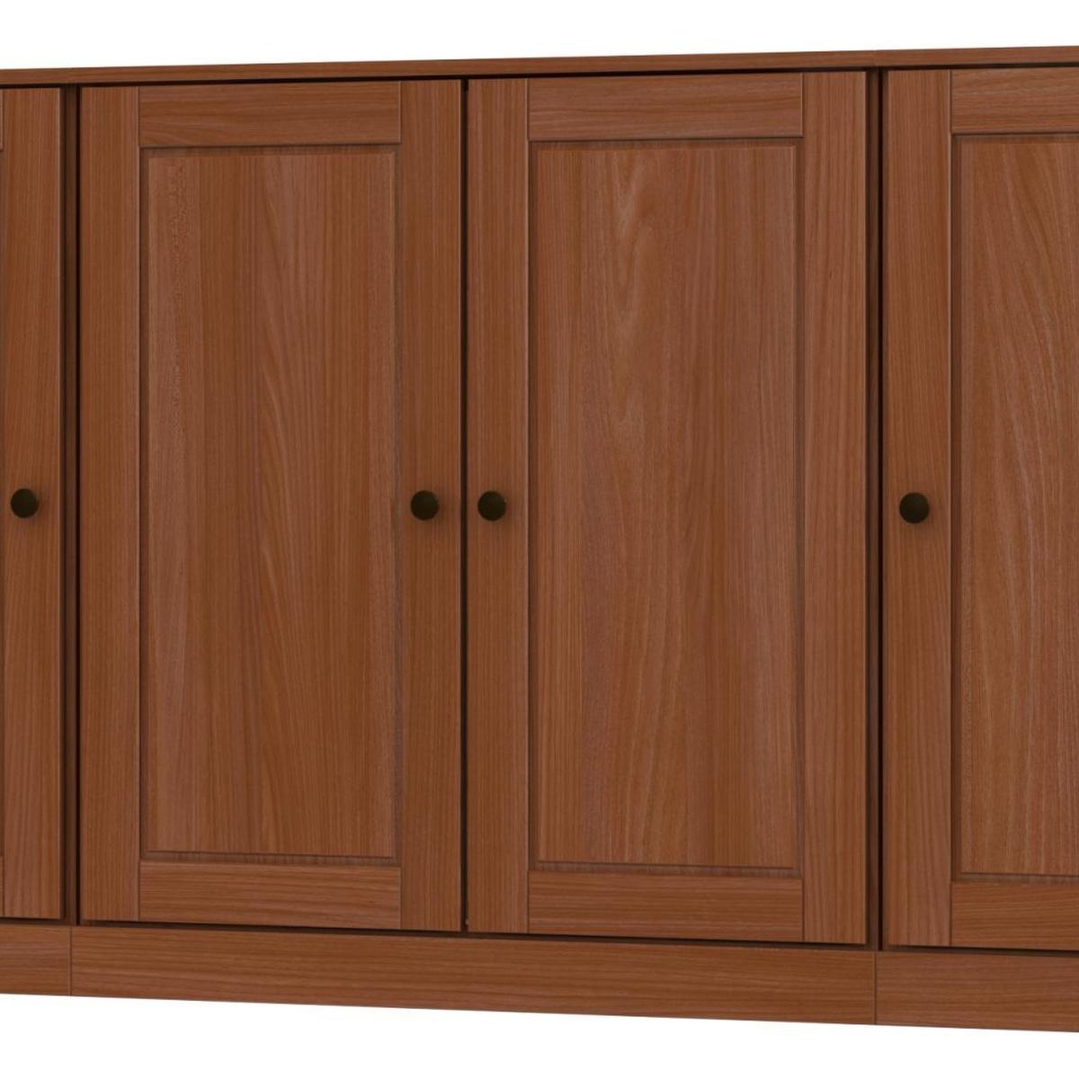 Brown solid wood sideboard with four paneled cabinet doors and round black knobs