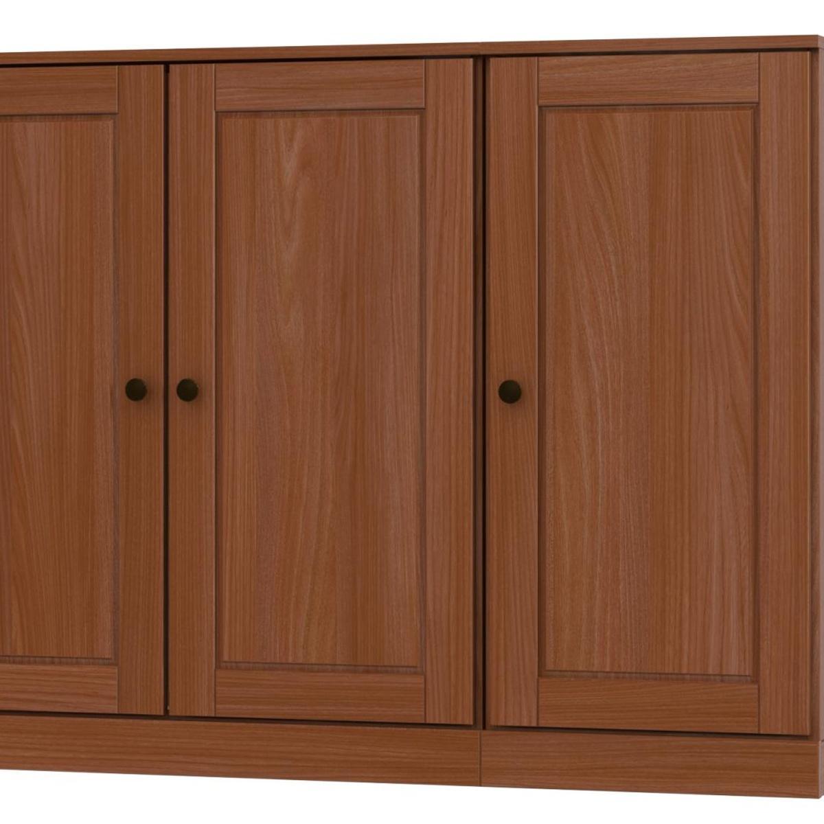 Wood sideboard front with wide paneled doors, center division, and black knobs