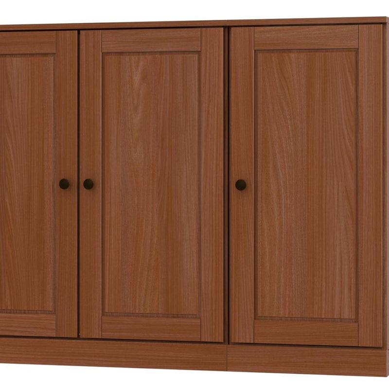 Wood sideboard front with wide paneled doors, center division, and black knobs