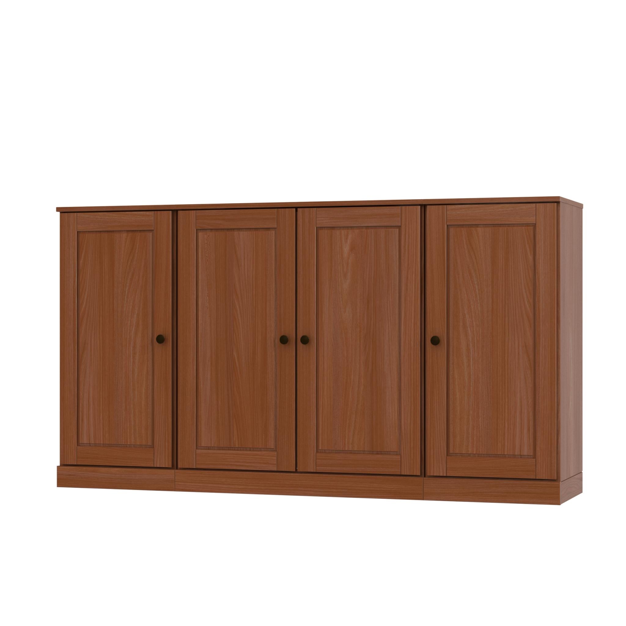 Solid wood sideboard with four hinged paneled doors and dark round hardware