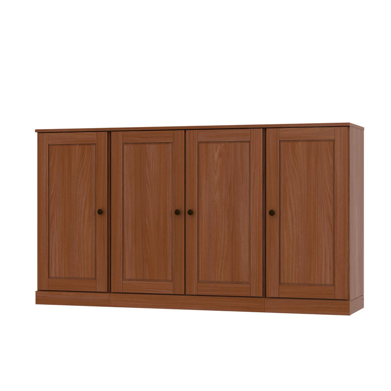 Solid wood sideboard with four hinged paneled doors and dark round hardware