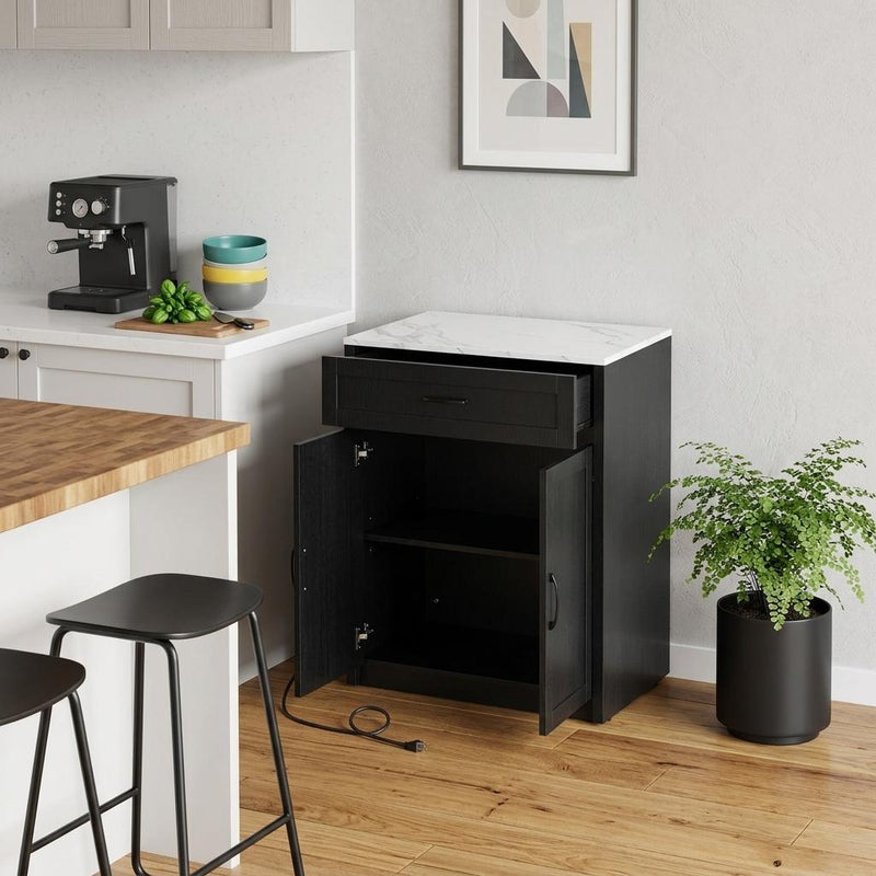 Kitchen cart with white countertop, drawer front, and two dark cabinet doors.
