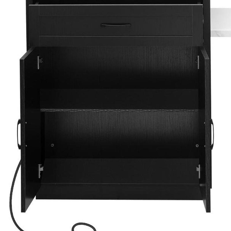 Kitchen cart cabinet with both doors open, dark shelves inside, vertical side handles.