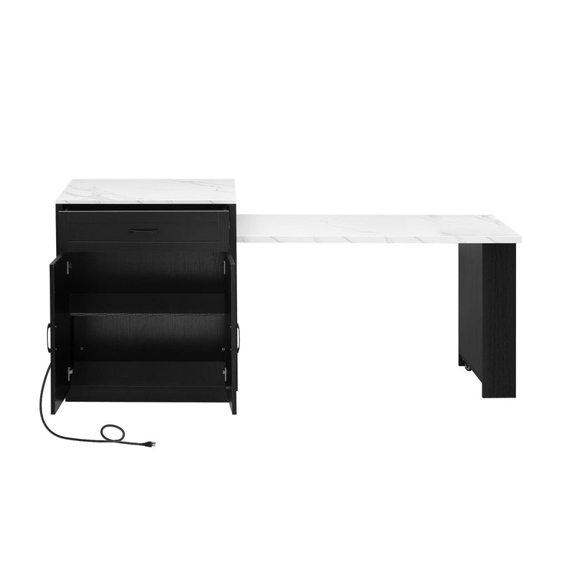 Kitchen cart with open cabinet door, dark interior shelves, white countertop, side legs.