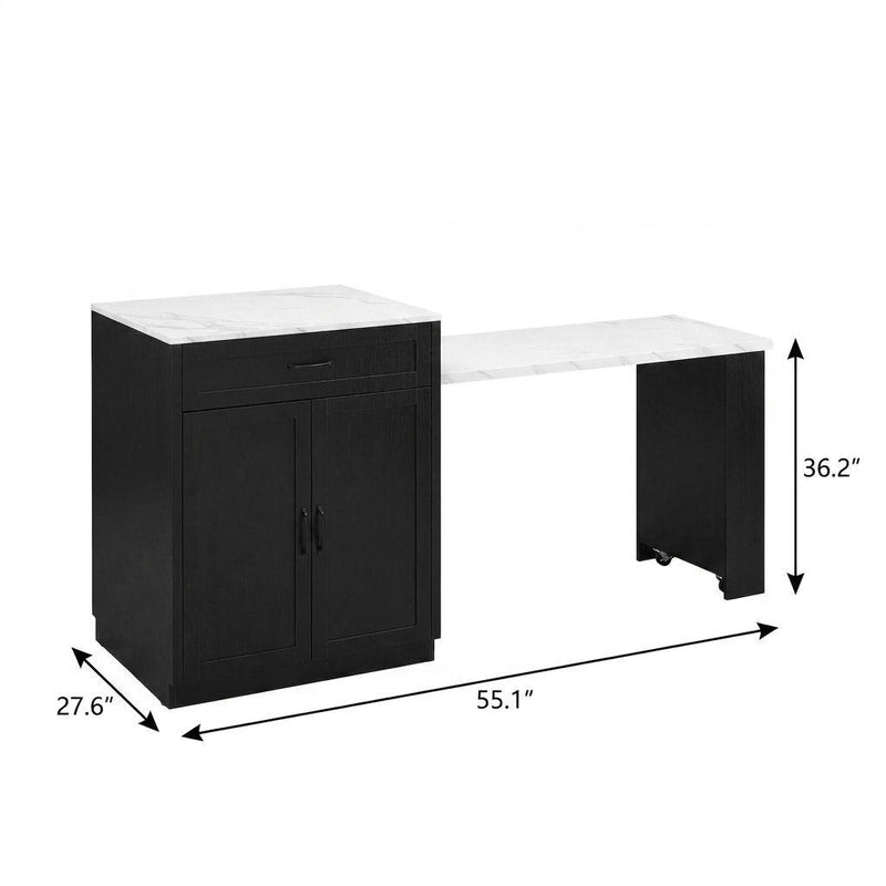 Kitchen cart with dark base cabinet doors and drawer, white countertop, side extension.