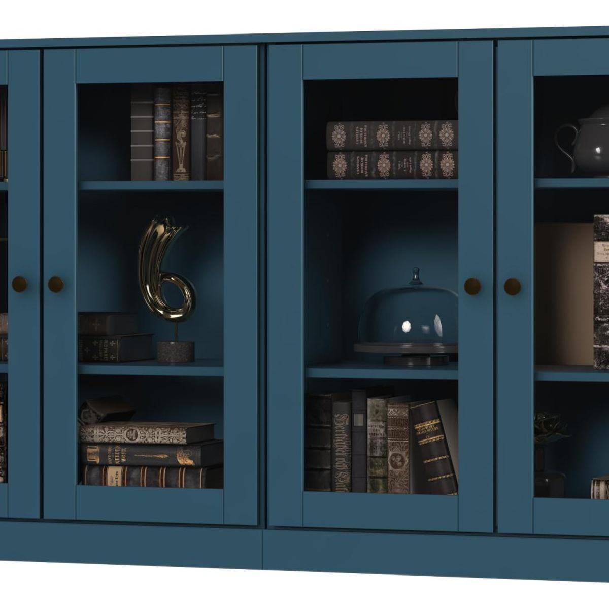 Teal blue wood sideboard with four glass doors and built-in shelving