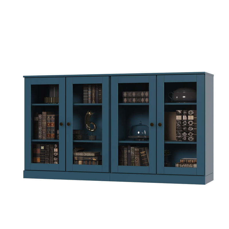 Teal blue sideboard cabinet with four glass door panels and open display shelves
