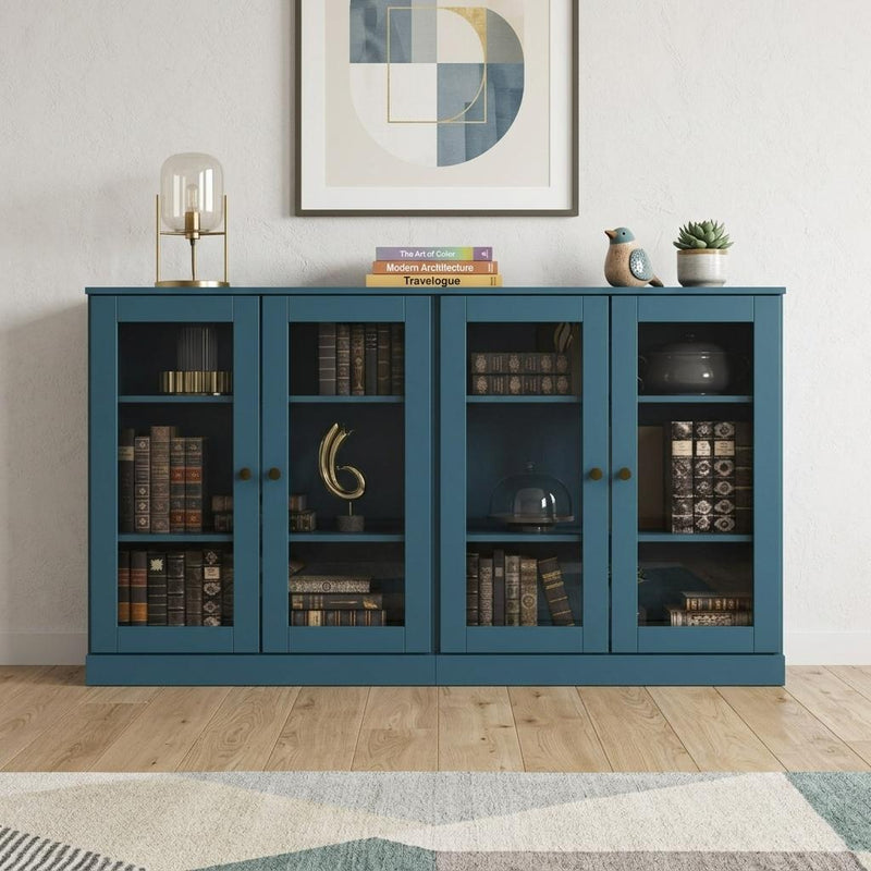 Teal blue wood sideboard with glass doors, framed compartments, and book display