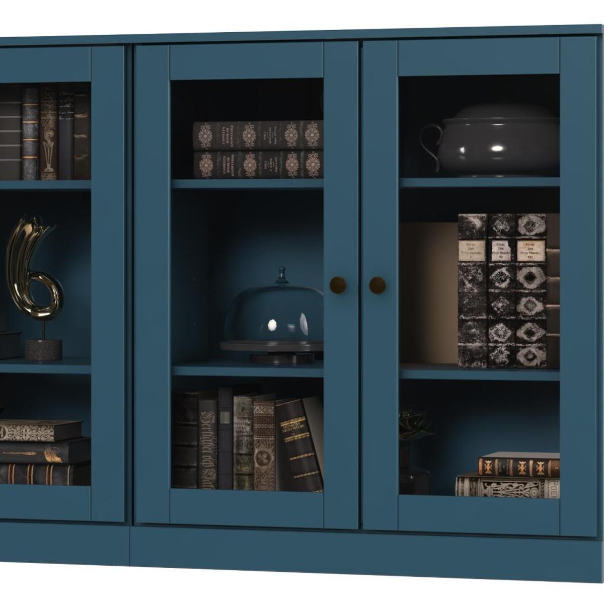 Teal blue wood sideboard featuring four glass doors with interior shelves