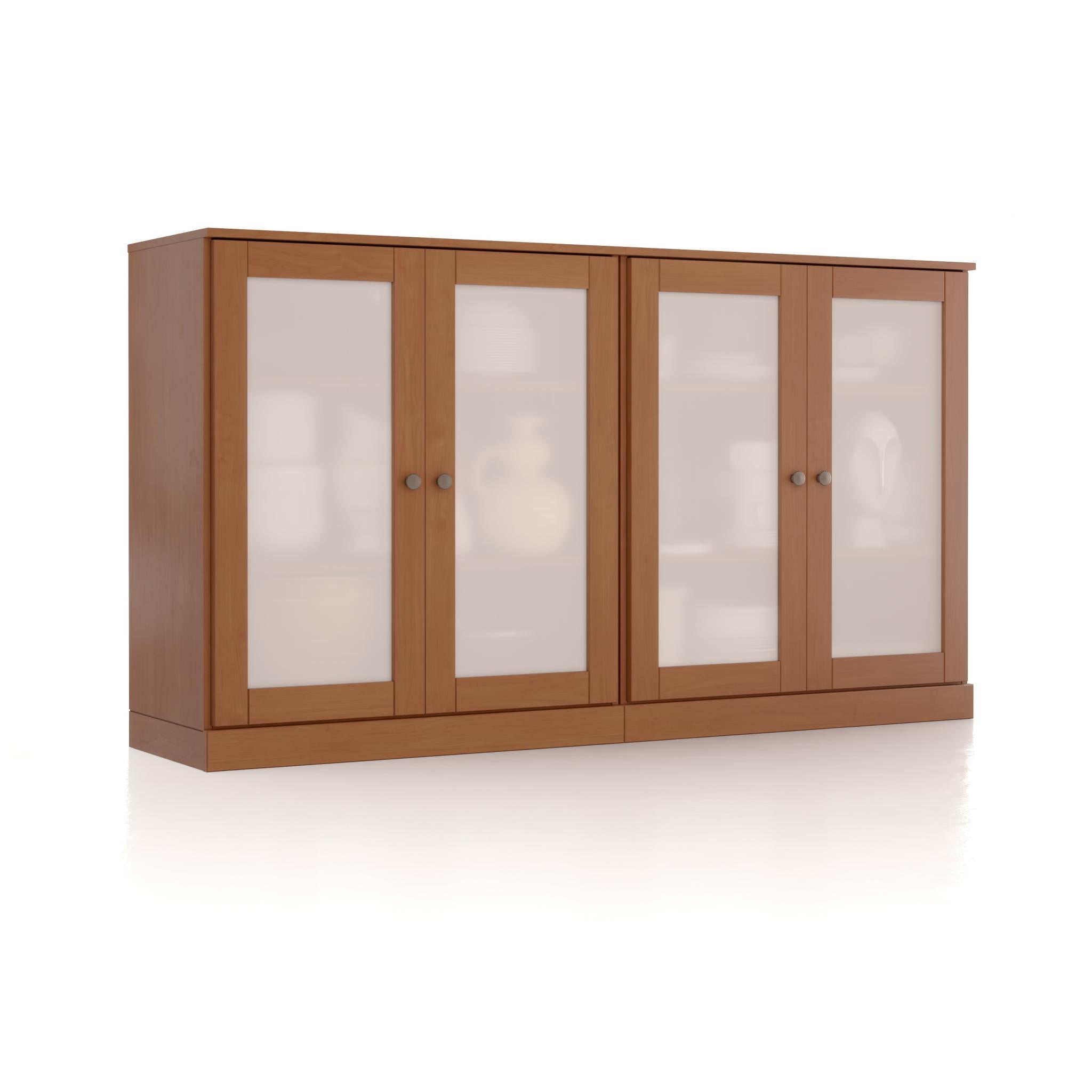 Coffee solid wood sideboard with four glass doors and two metal handles each