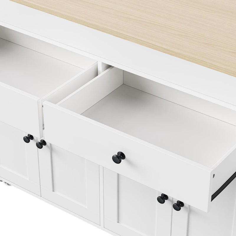 Rolling kitchen cart open storage drawer with white panels and black round knobs