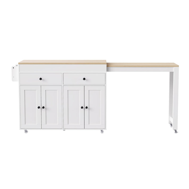 Rolling kitchen cart with white cabinet, brown wood top, two doors, and drawers on caster wheels