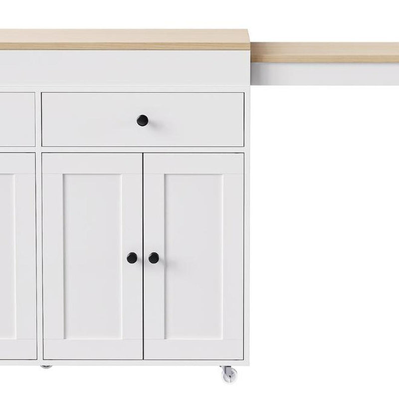 Rolling kitchen cart with white cabinet and brown top, one drawer and double door