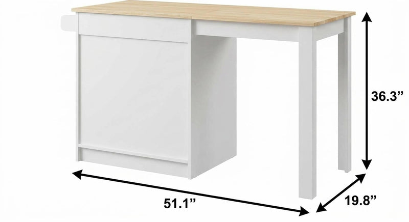 Rolling kitchen cart, white base with brown top; 51.1 in wide and 36.3 in high