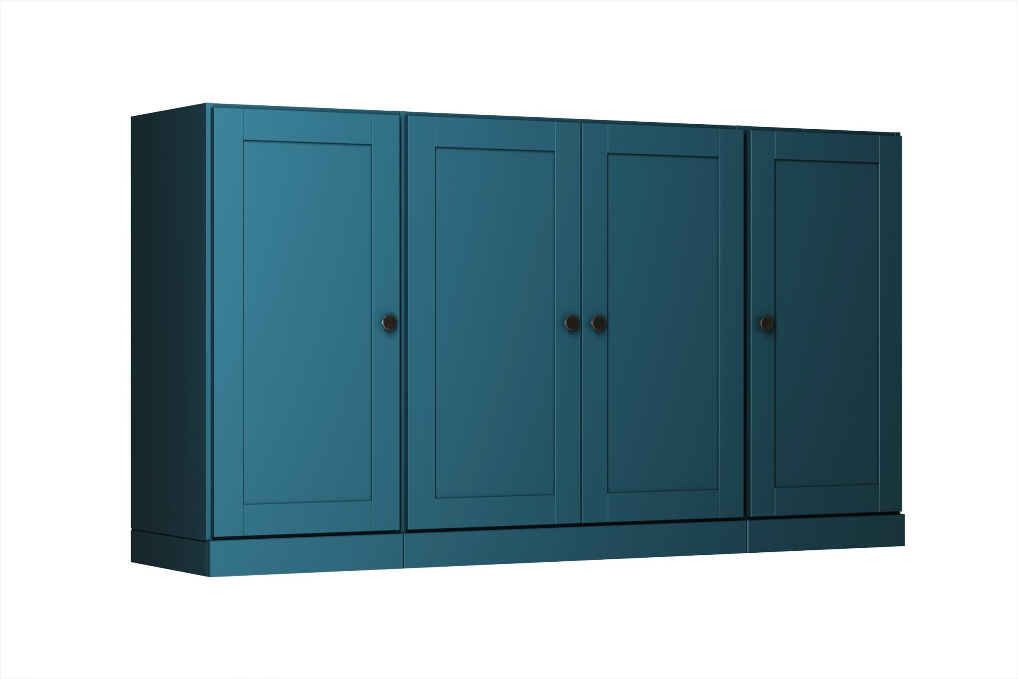 Teal blue sideboard with four panel doors and metal knobs, closed front view
