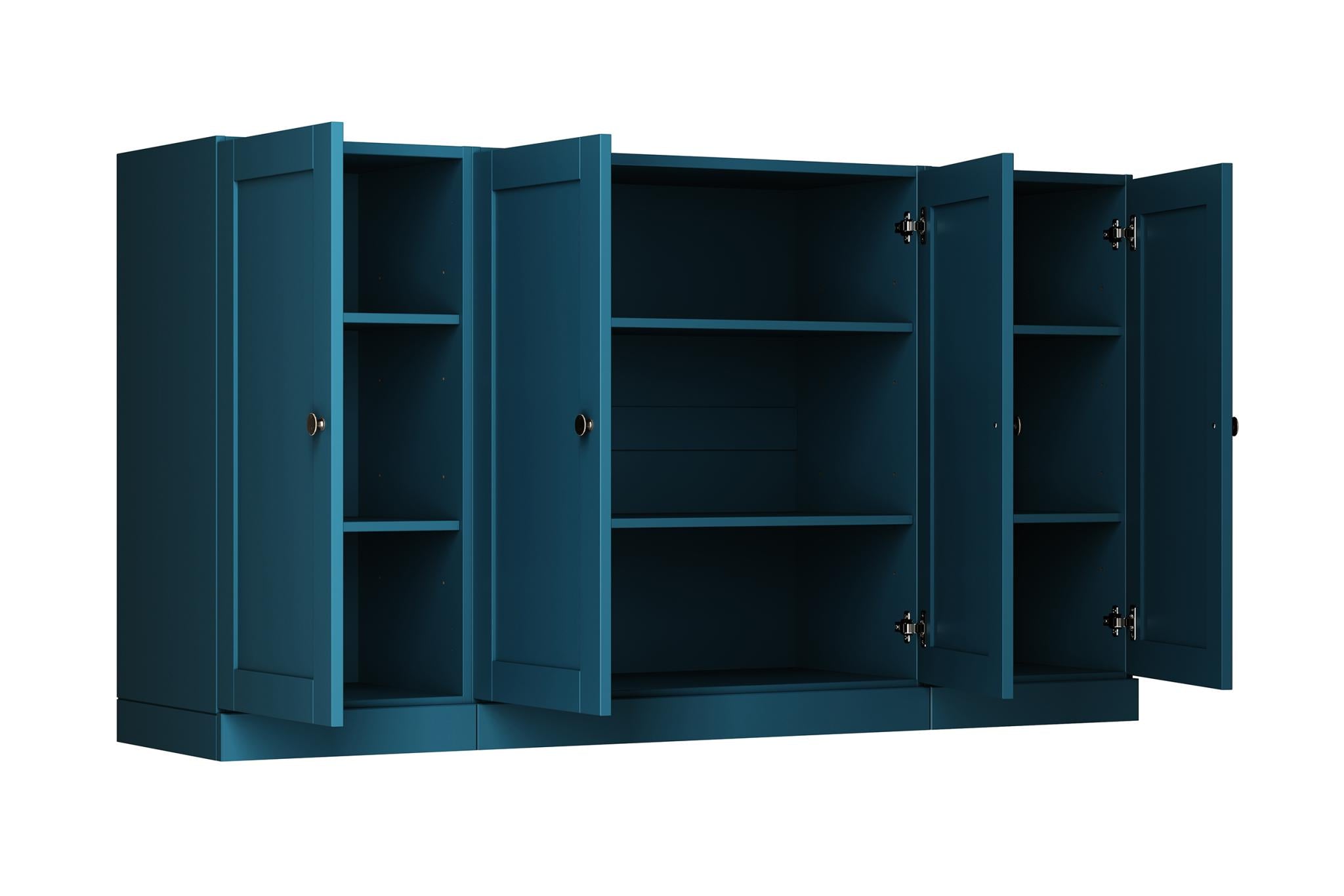 Teal blue sideboard with open shelving and side compartments, doors open