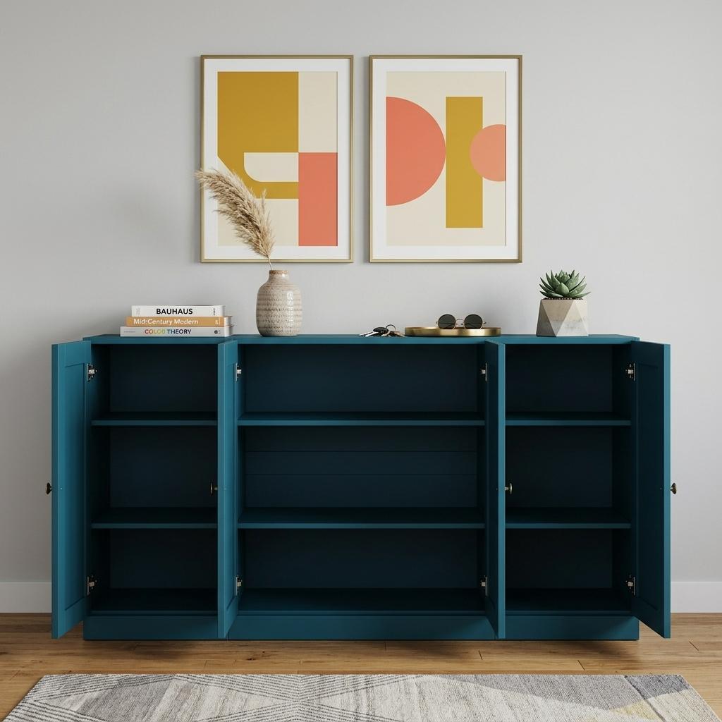 Teal blue wood sideboard with four hinged doors and open central shelves