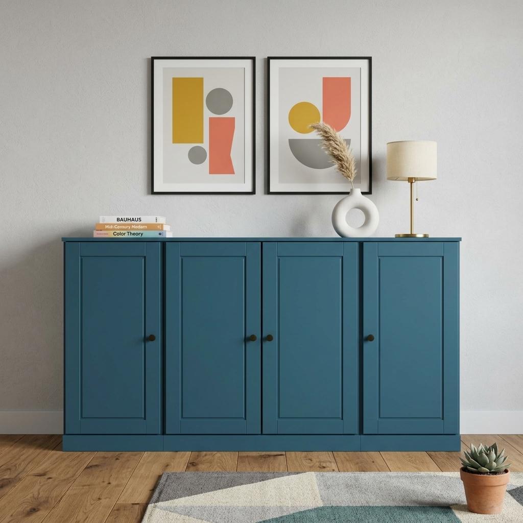 Teal blue sideboard with four panel doors and dark round knobs, solid wood