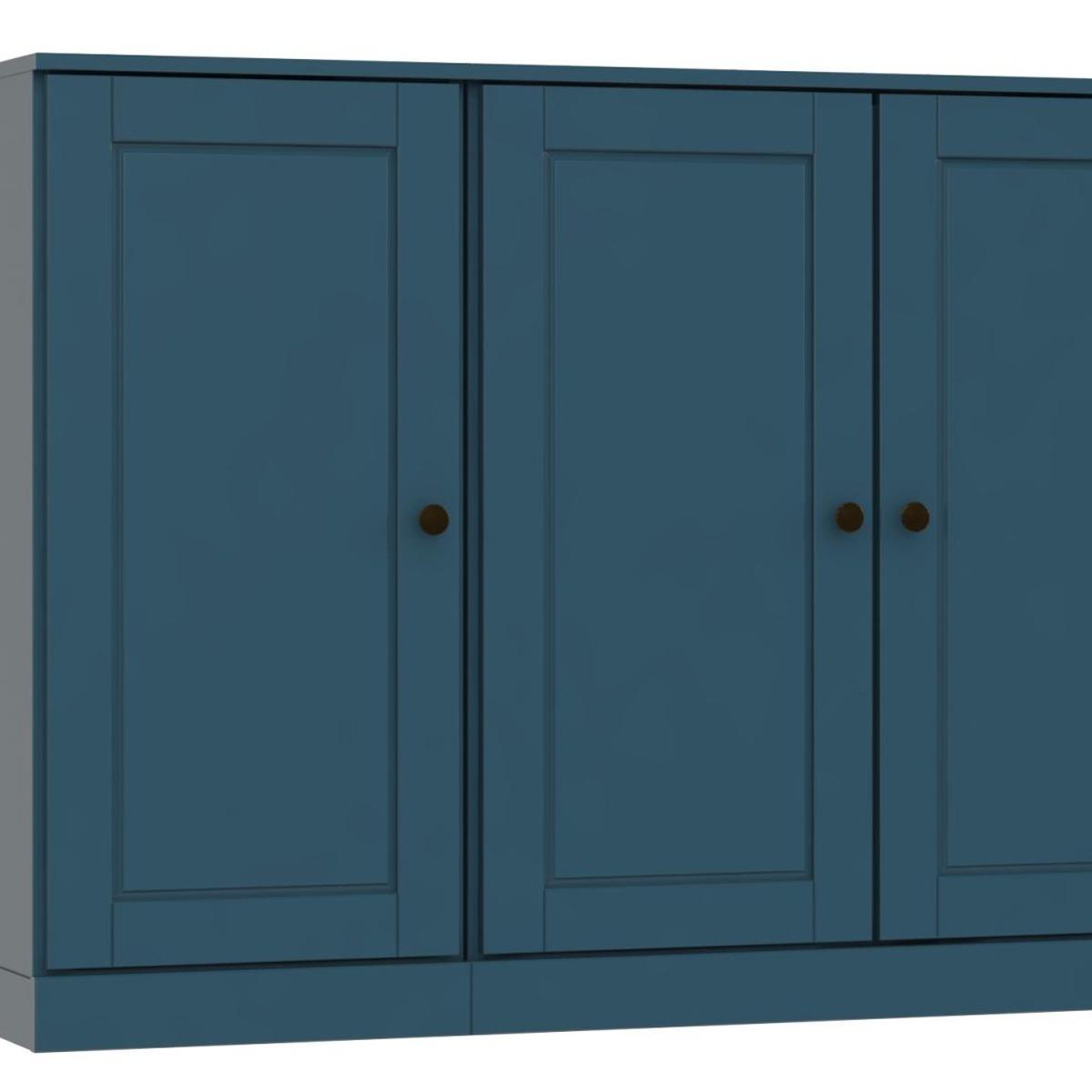 Teal blue sideboard front with three door sections and round knobs, solid wood