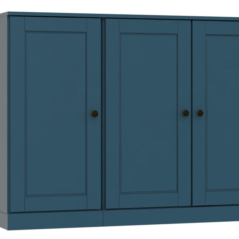 Teal blue sideboard front with three door sections and round knobs, solid wood