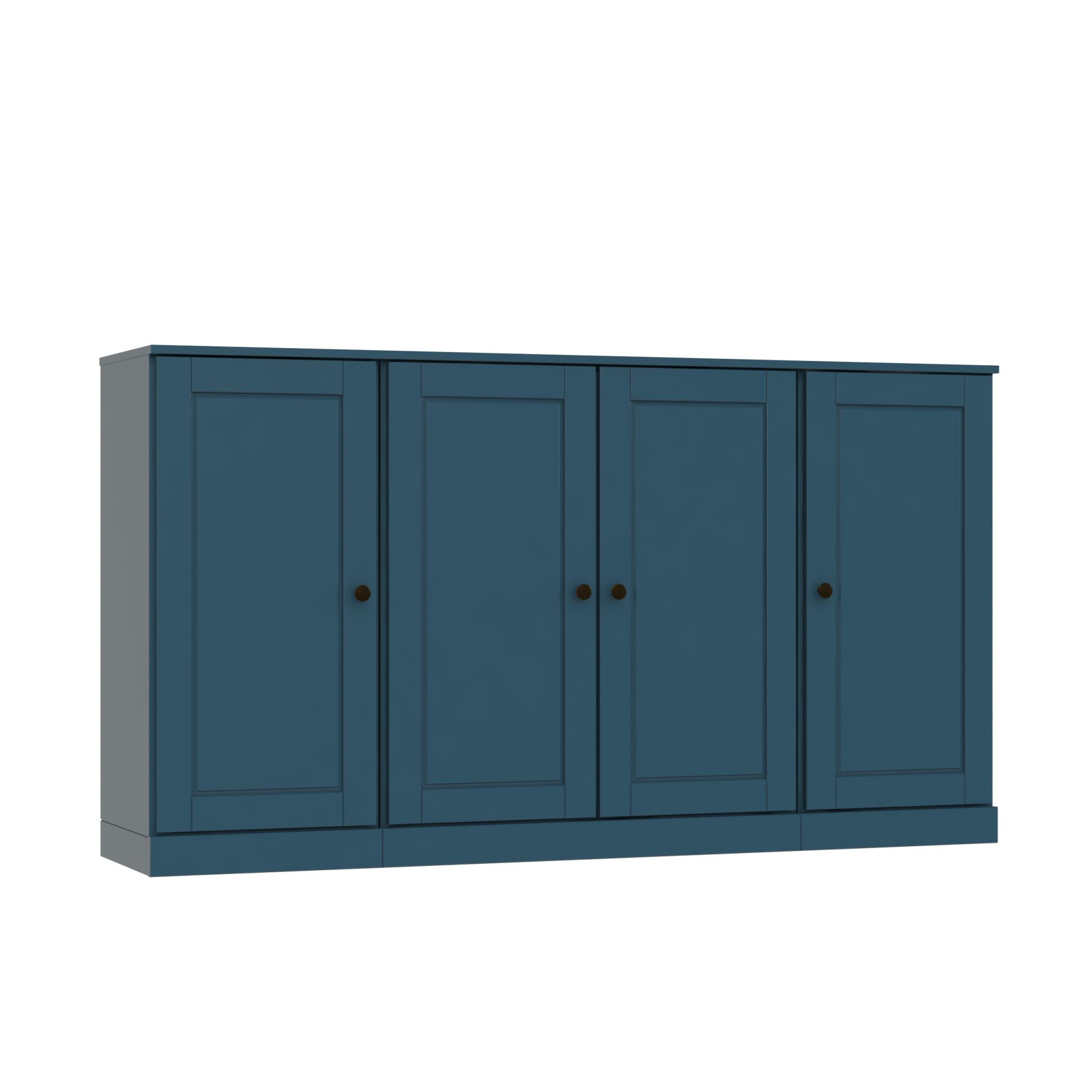 Teal blue four-door sideboard with panel doors and round knobs, rectangular cabinet