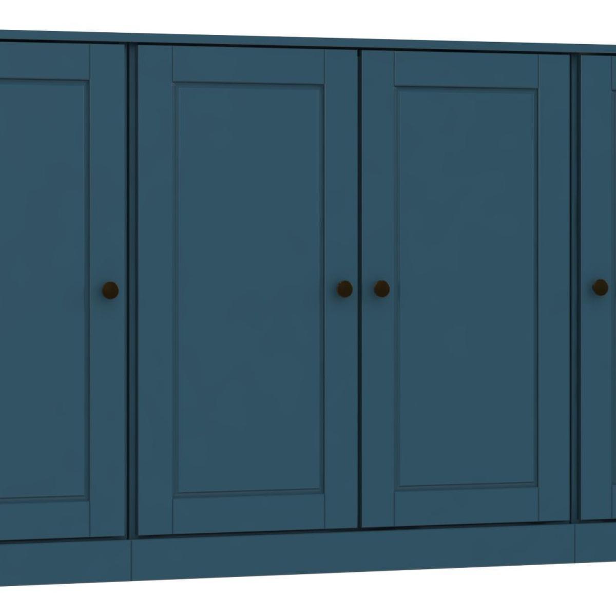 Teal blue sideboard front panel with two large doors and round brass-tone knobs