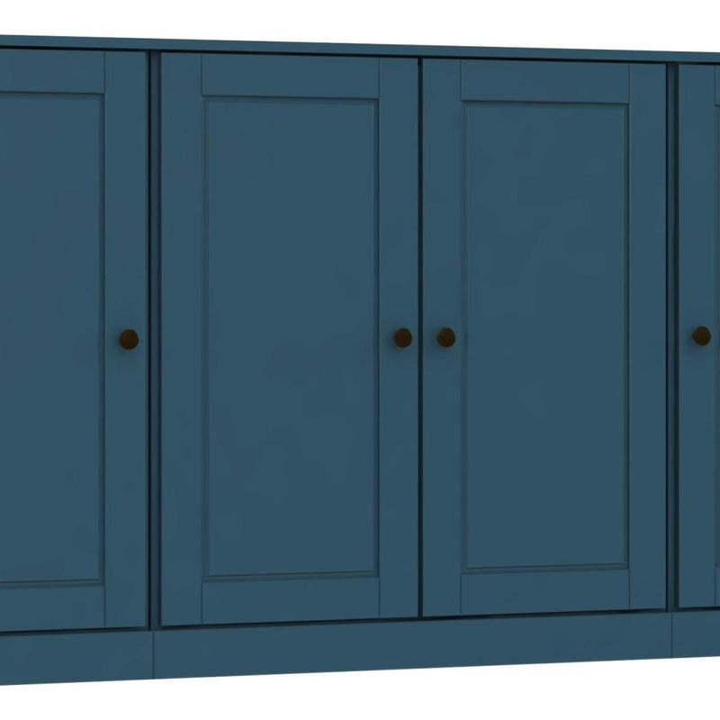 Teal blue sideboard front panel with two large doors and round brass-tone knobs