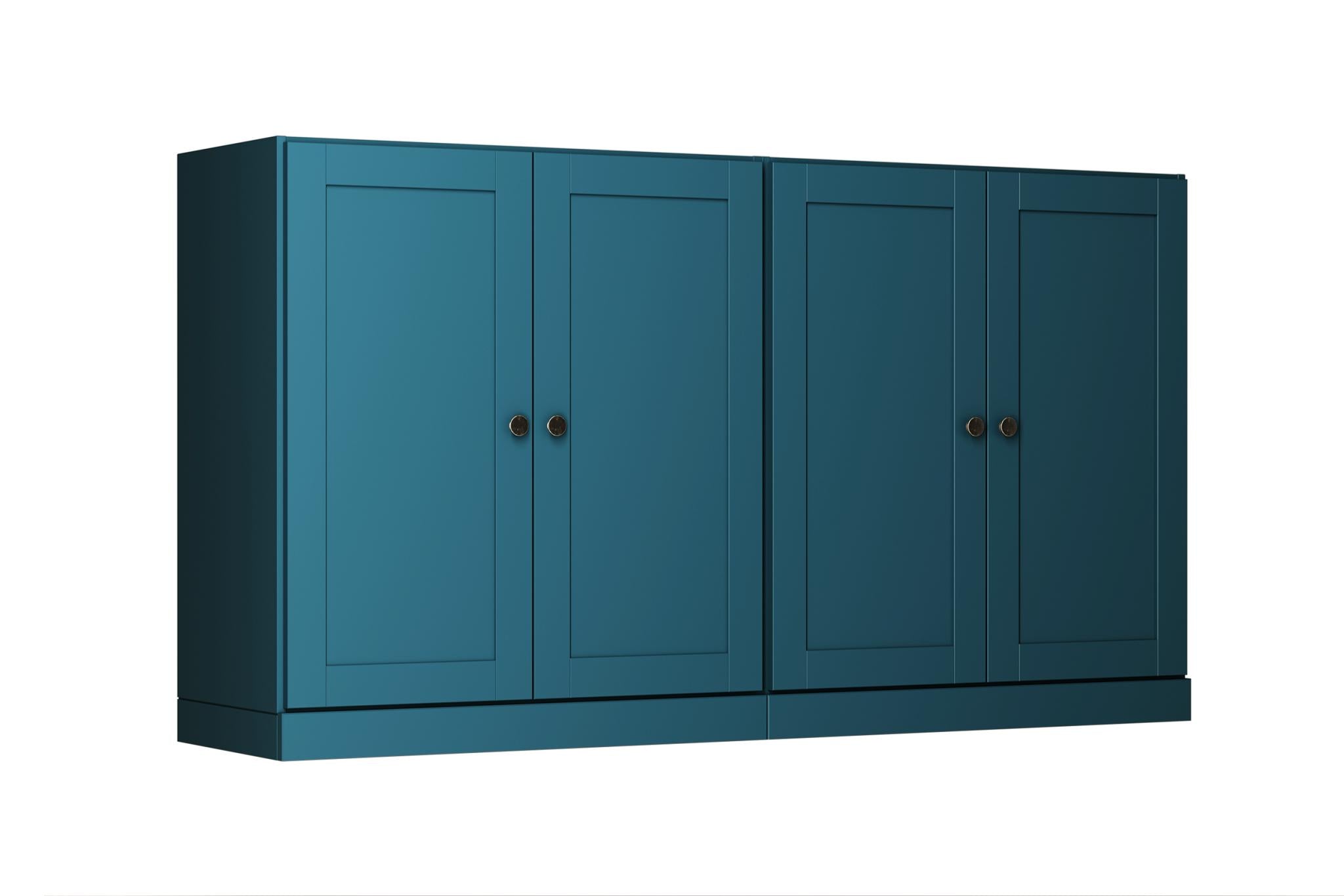 Teal blue wooden sideboard with four cabinet doors and round knobs