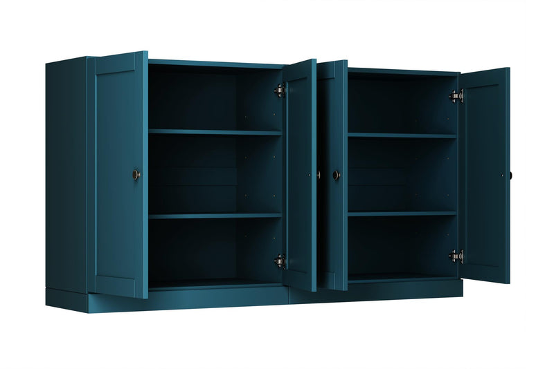 Teal blue wooden sideboard with four doors open, showing interior shelves