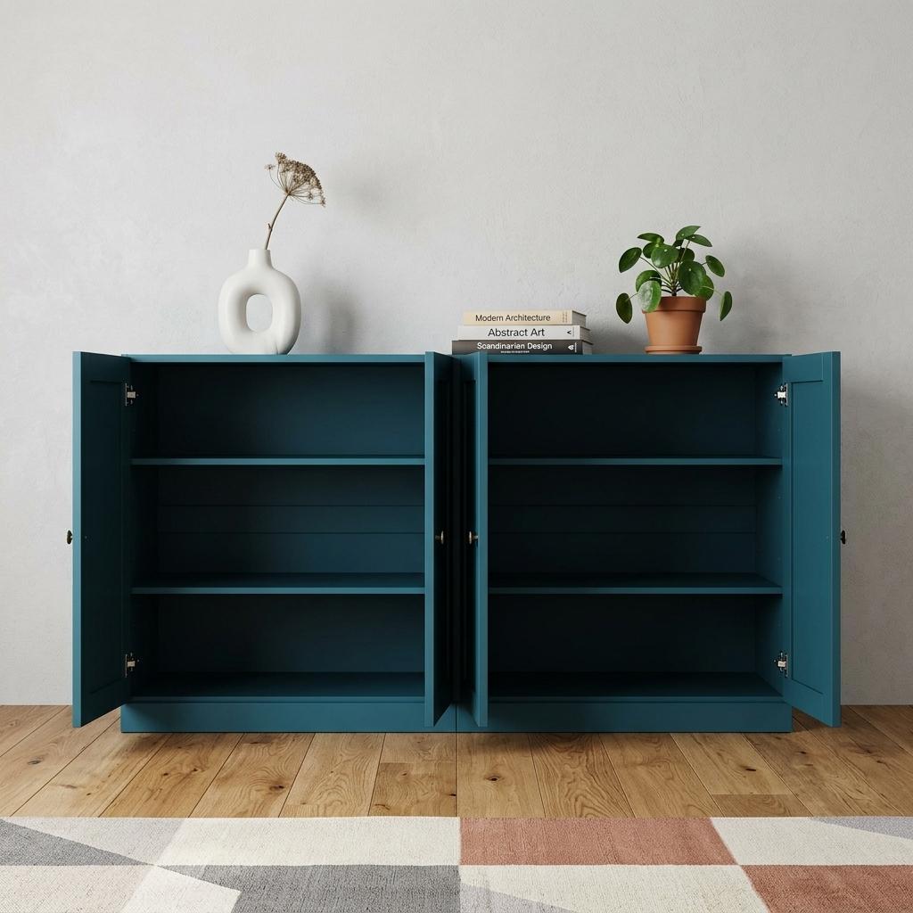 Teal blue wooden sideboard with four doors; open cabinets reveal shelves