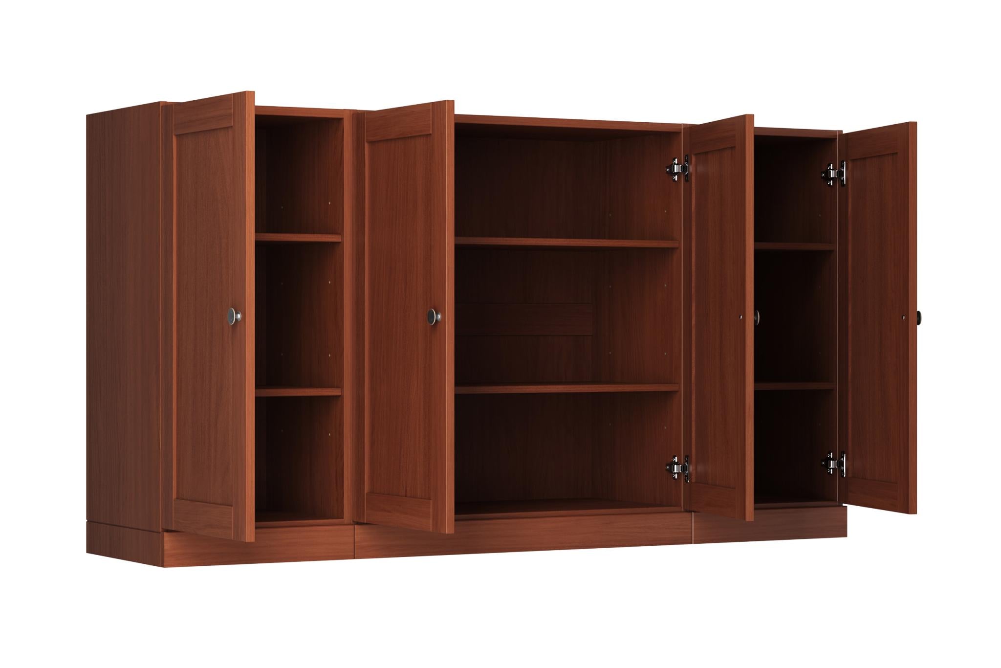 Brown solid wood sideboard with four glass doors and adjustable interior shelves
