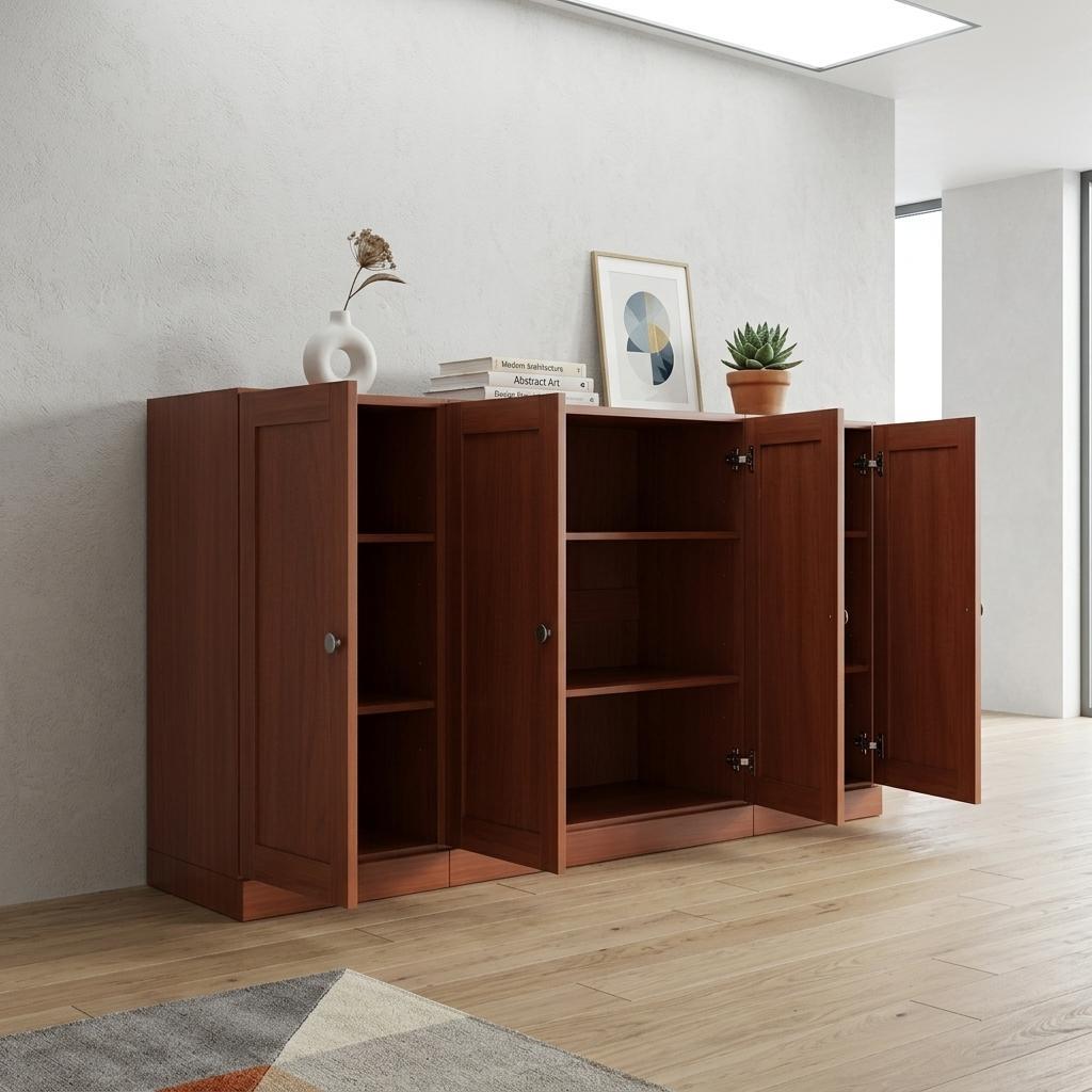 Brown solid wood sideboard with four glass doors, open cabinet compartments
