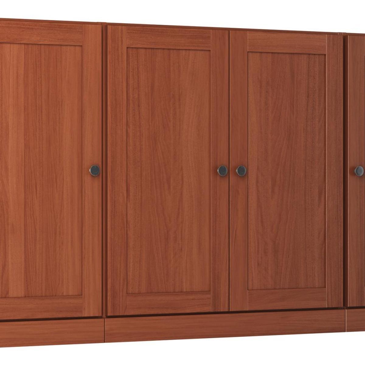 Brown solid wood sideboard with four paneled doors and round metal knobs